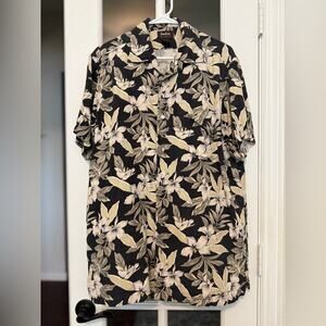 VTG Neiman Marcus Men’s black SILK Leaf Palm Tree Hawaiian cabana Shirt M